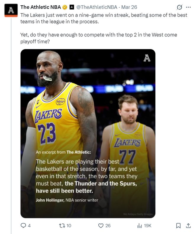 湖人四人砍20+东契奇狂砍43分 防守效率提升冲击